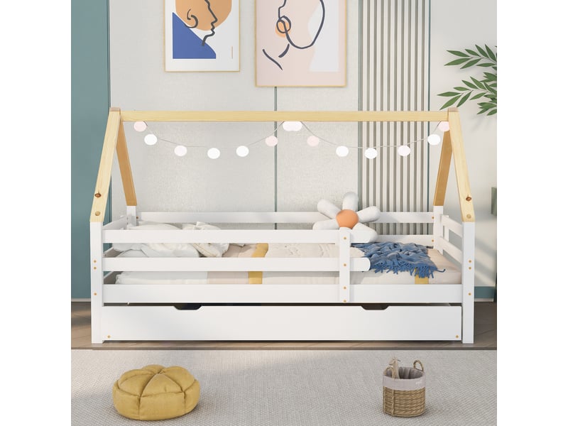  Lit enfant 90x200 cm – lit cabane avec lit gigogne et tiroir pratique – blanc – sans matelas  - Conforama B