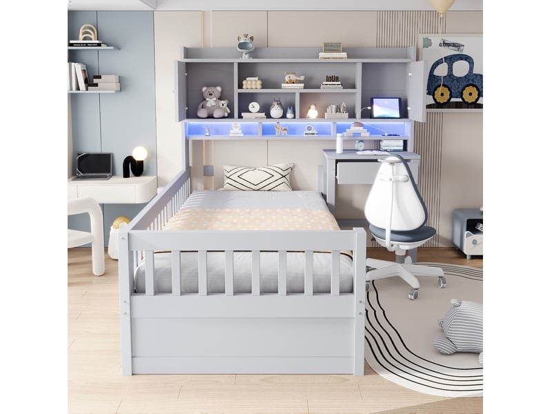  Lit enfant 90 × 200 cm avec bureau à tiroirs, rangements en tête de lit, led, prise et barrières, gris et blanc  - Conforama E