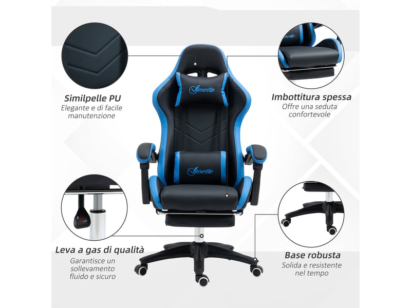  Chaise gaming avec repose-pieds, fauteuil gamer bleu et noir réglable 65x65x121-129 cm  - Conforama W