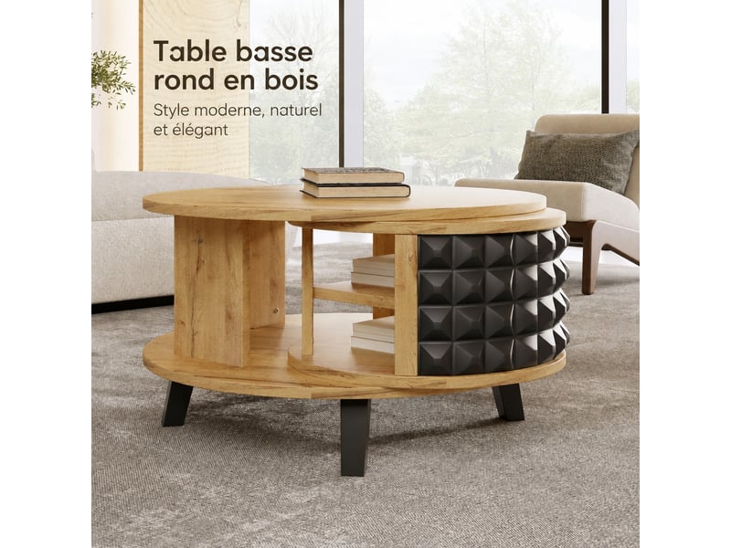  Table basse pivotante à 360° avec rangement caché, bois naturel et noir, 85,2 x 80 x 45,2 cm  - Conforama B