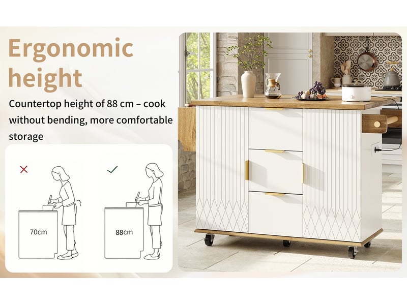  Set îlot de cuisine mobile avec tabourets de bar blanc effet bois avec prise électrique  - Conforama E