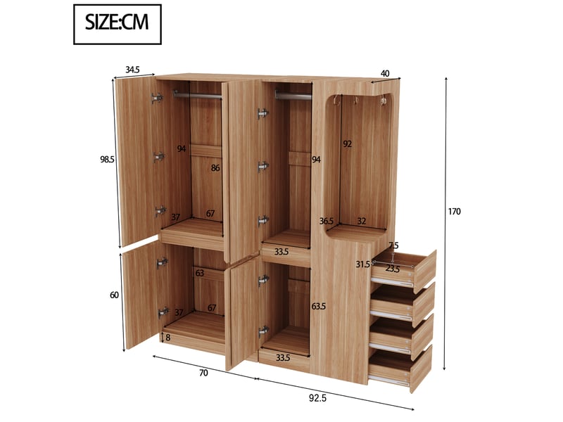  Armoire 140x40x170 cm spacieuse, penderie double et rangements modulables, bois et mdf, finition de bois naturel  - Conforama C