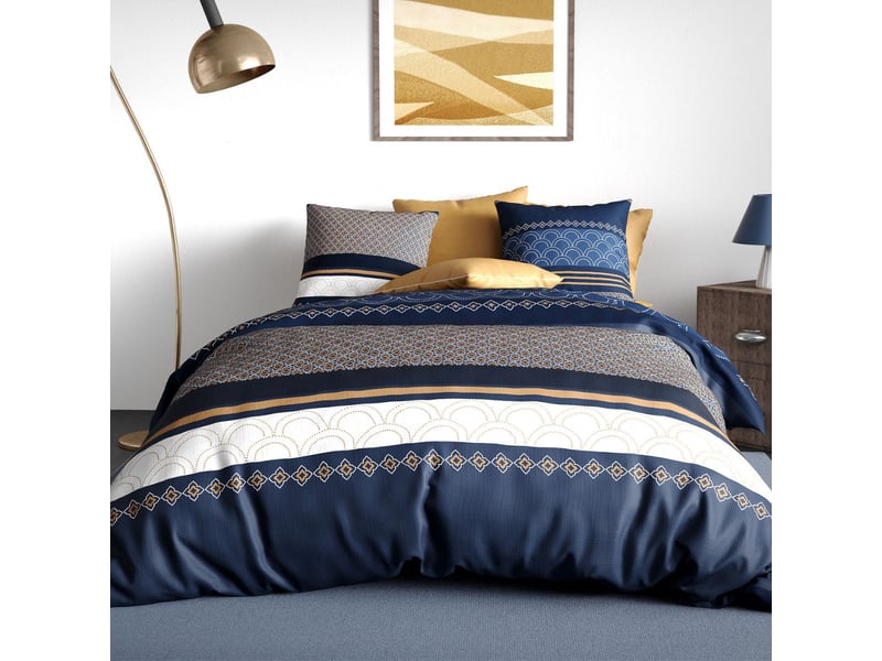  Parure housse de couette 240x220cm + 2 taies motif graphique bleu jaune et blanc 100% coton - olypsia OLYPSIA - Conforama A