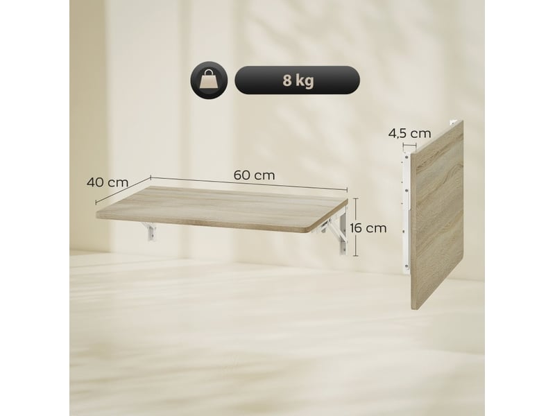  Bureau mural rabattable tcqpz 60 x 40 cm chene clair, table murale pliante peu encombrante, plateau melamine, angles arrondis, panneau de particules et metal  - Conforama C