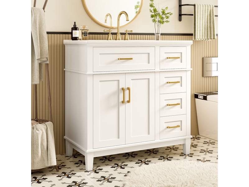 Meuble vasque salle de bain blanc 90 cm avec lavabo céramique intégré, tiroirs silencieux et portes doubles - Conforama B