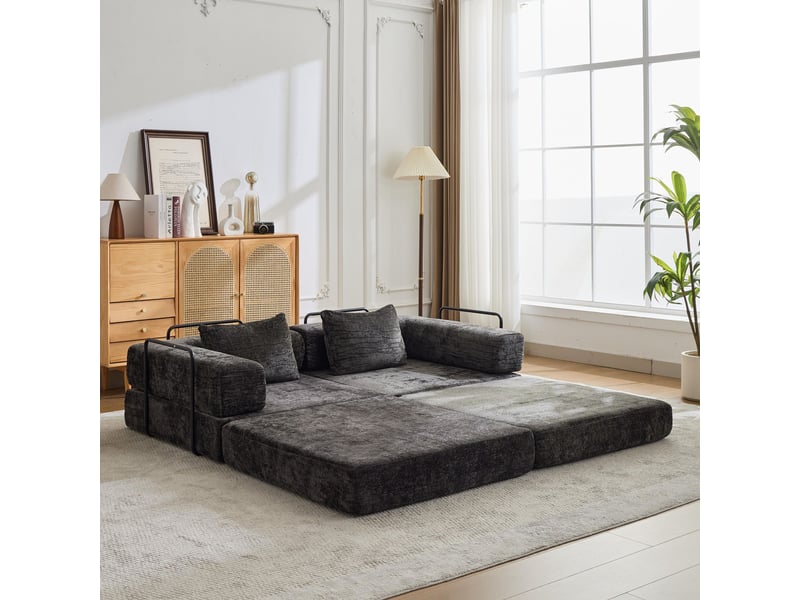  Canapé convertible 2 places - 200x100x63cm - canapé lit modulaire tissu chenille matelas ressorts ensachés - noir  - Conforama C