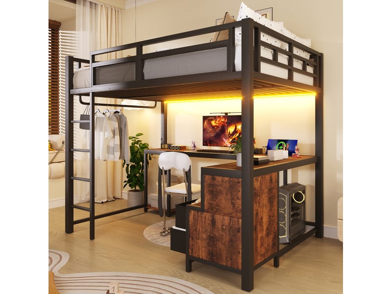  Lit mezzanine 140x200 cm en métal noir avec bureau, led et station usb intégrée  - Conforama D