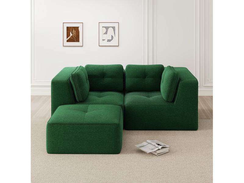  Canapé modulable en l 208x177x69 cm 2 places, sans montage, accoudoirs spacieux, en velours côtelé, vert  - Conforama B