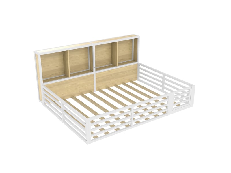 Lit enfant 140 x 200 cm, barrières ouvrantes, rangements, gain de place, mdf et métal, chevet led blanc, sans matelas - Conforama R
