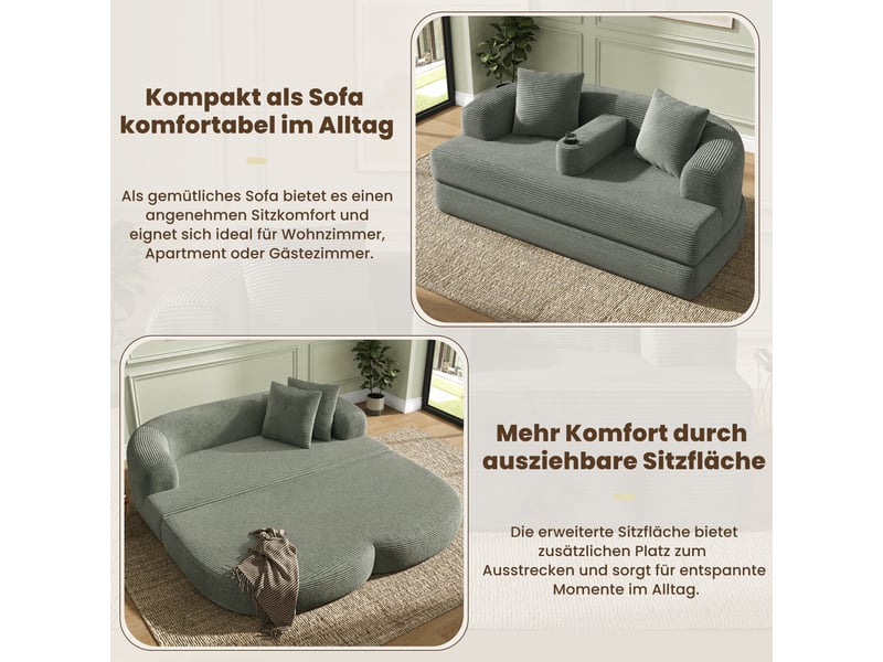  Canapé convertible 2 places en velours côtelé vert, 176 x 184 x 47 cm, porte-gobelets, sans montage, livré compressé, coussins inclus, pour le salon CARDUME ESTIVAL - Conforama D