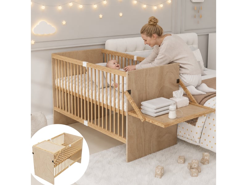 Lit bébé 70 × 140 cm 1 place avec table à langer rabattable et sommier réglable, sans matelas, en pin naturel  - Conforama B