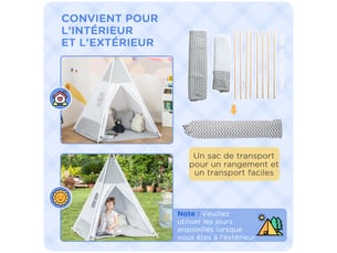 Tente teepee indien tente de jeu pour enfant style graphique - dim. 1,2l x 1,2i x 1,55h m - à l'intérieur à l'extérieur gris blanc - porte refermable fenêtre tapis coussin sac transport inclus