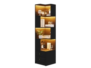 Bibliothèque d'angle 45x43,5x180 cm, led pilotée par application, 2 tiroirs, meuble salon et bureau, entrée, mdf, noir