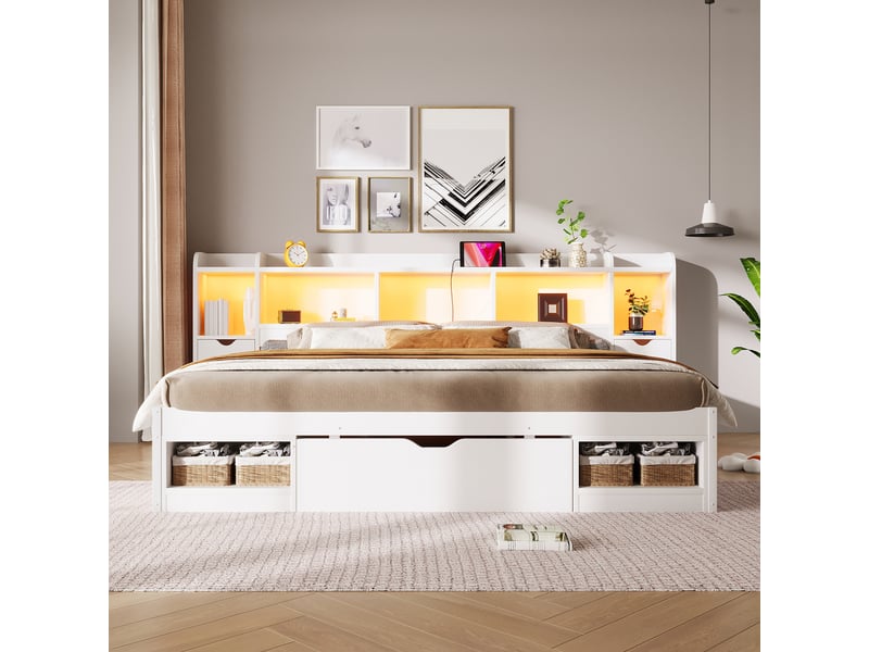  Cadre de lit 180x200 avec rangement, tête de lit avec étagères et port usb, blanc  - Conforama E