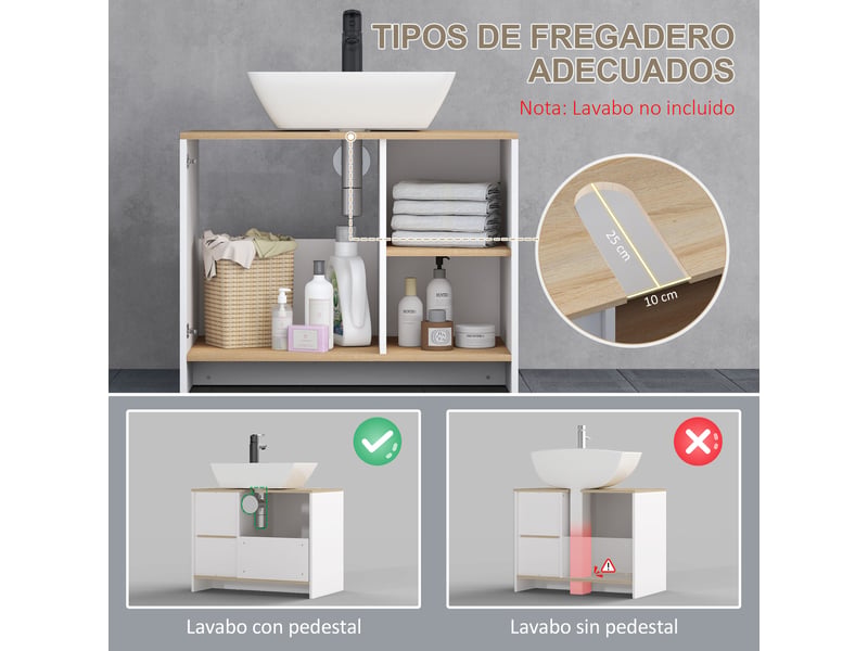  Meuble sous lavabo 77 x 45 x 60 cm, blanc et effet bois, découpe en u et rangements  - Conforama R