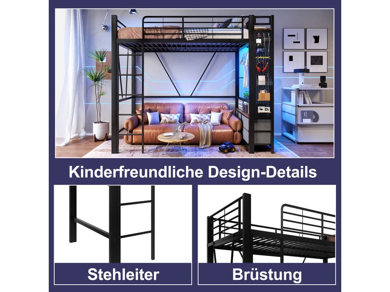  Lit mezzanine 90 x 200cm, structure métal, 4 tiroirs, étagères, led, usb type-c, échelle, sans matelas, noir  - Conforama C