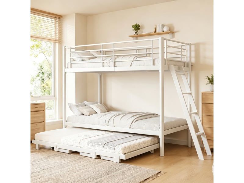 Lit superposé en métal 90 x 200 cm - avec lit gigogne - avec échelle de sécurité - avec barrières de sécurité - blanc (matelas non inclus) - Conforama E