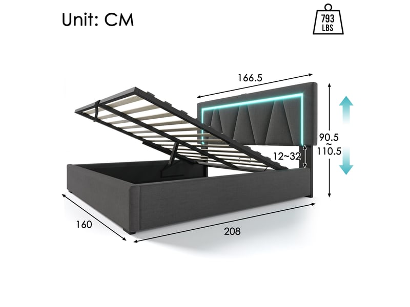  Lit coffre 160x200 cm gris en lin, led, usb type c et rangement sous sommier, avec matelas  - Conforama C