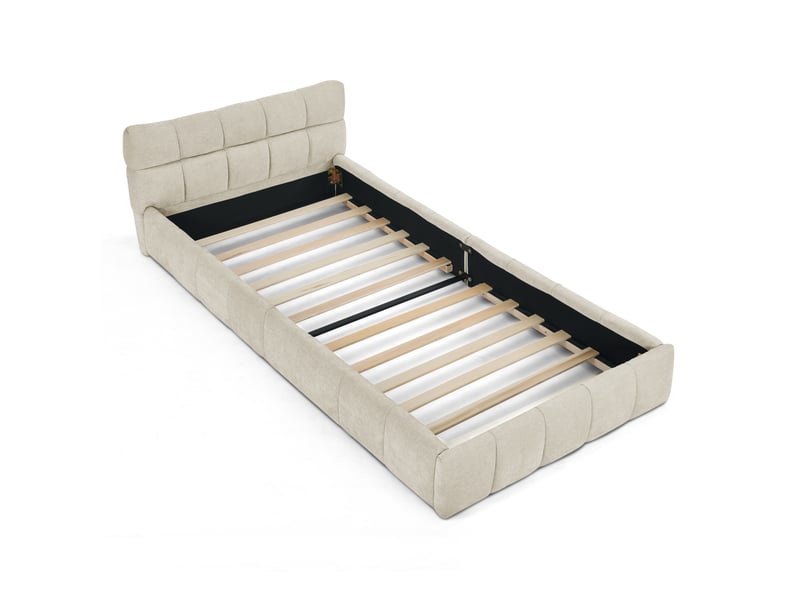  Lit simple enfant 90x200 cm – beige – cadre rembourré en chenille, sommier à lattes, sans matelas  - Conforama D