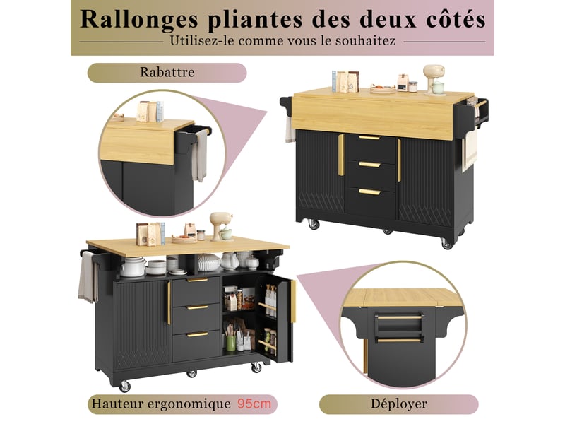  Îlot de cuisine extensible 120-197 x 40-80 x 95 cm, roulettes, 3 tiroirs, étagères réglables, noir et chêne  - Conforama E