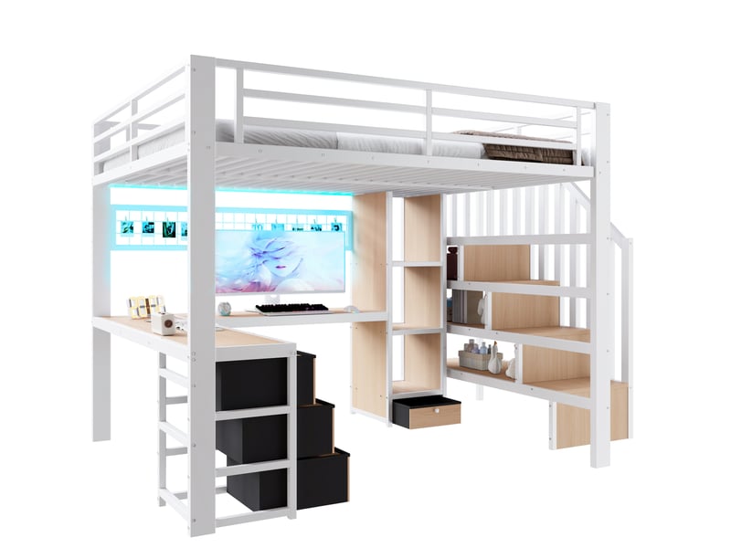  Lit mezzanine enfant 140x200 cm avec bureau, led et rangements blanc  - Conforama A