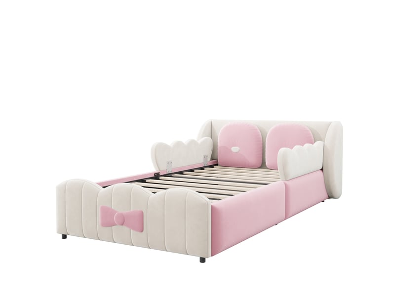  Lit enfant rembourré 90x200 cm en velours avec lit coffre hydraulique, tête de lit design, cadre capitonné - beige  - Conforama E