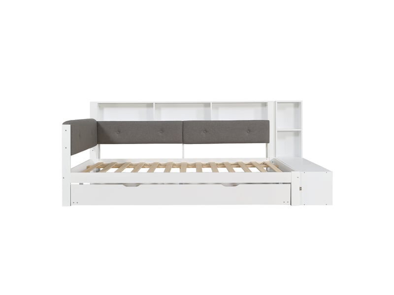  Lit 120x200 cm blanc avec lit gigogne 90x190, rangements, tête rembourrée et prises  - Conforama D