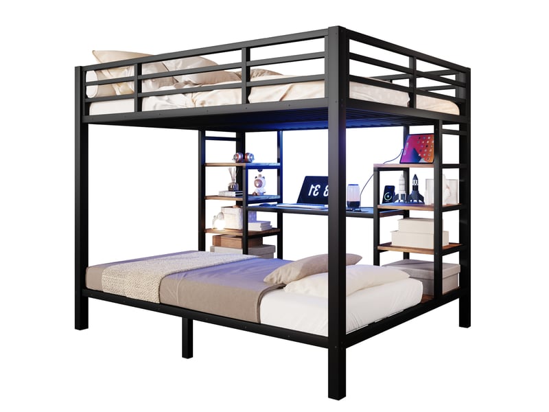  Lit superposé 3 places 90 × 200 cm et 140 × 200 cm, led, usb, type-c et étagères, sans matelas, en métal noir  - Conforama A