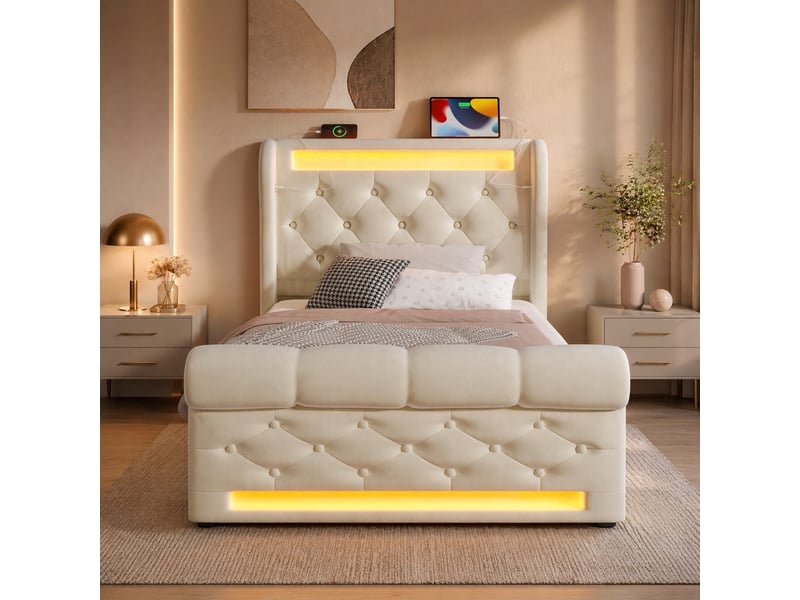 Lit coffre 1 place 90x200 cm en velours beige avec led, usb et usb-c - Conforama B