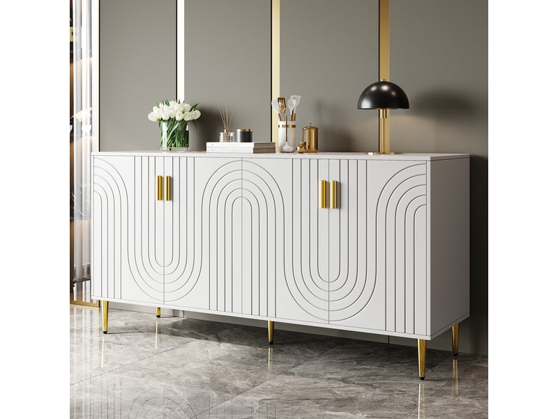  Buffet bas blanc à 4 portes effet vague, poignées et pieds dorés, 152x40x75 cm  - Conforama B