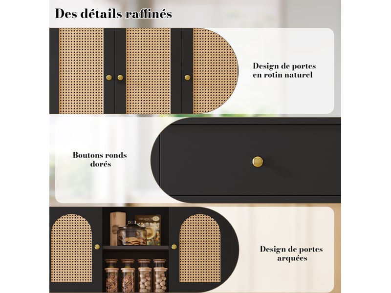  Buffet haut de cuisine 100 x 40 x 180 cm – noir – éclairage led rgb, 5 portes en rotin, 2 tiroirs et prises  - Conforama E