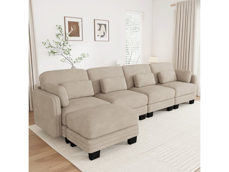 Canapé d’angle modulable 330 cm 4 places avec pouf, coussins d’accoudoir amovibles, coussins lombaires épais à soutien renforcé, chenille, marron clair - Conforama B