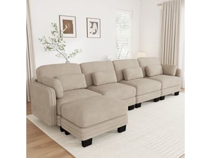 Canapé d’angle modulable 330 cm 4 places avec pouf, coussins d’accoudoir amovibles, coussins lombaires épais à soutien renforcé, chenille, marron clair
