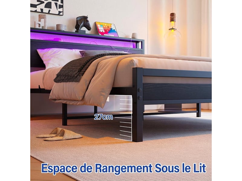  Lit 140x190 avec rangement cadre de lit en métal avec usb et led noir  - Conforama E