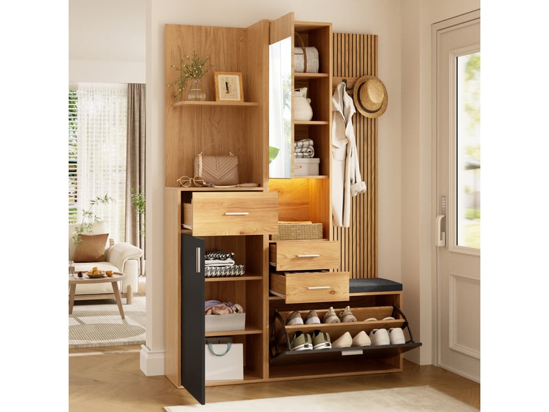  Meuble multifonction 120x32x178 cm - rangement chaussures - banquette - miroir - led - 1 porte - 3 tiroirs - étagères ouvertes - mdf - naturel et noir ABC - Conforama B