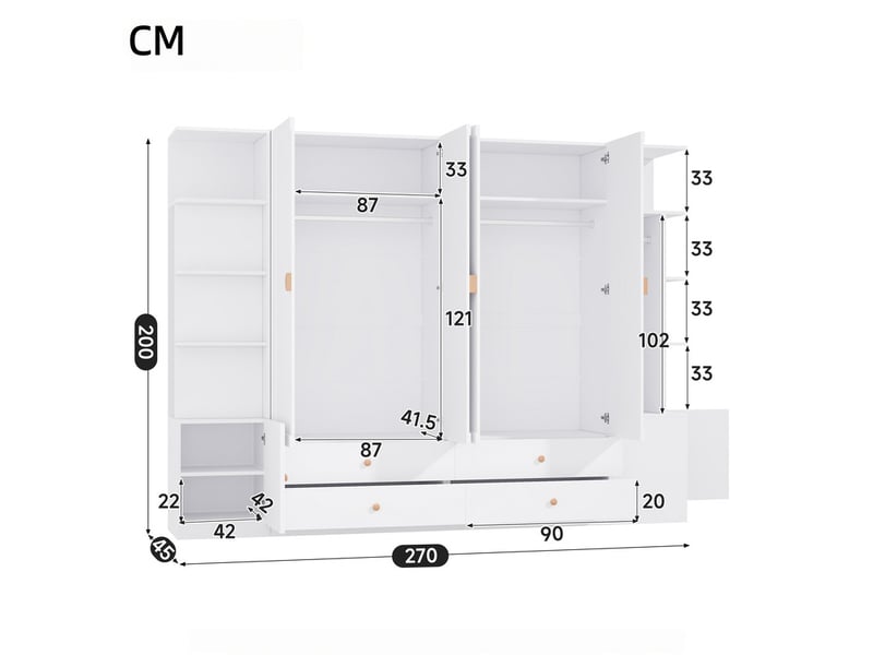 Grande armoire 6 portes, 270 x 45 x 200 cm, 4 penderies, 4 tiroirs et nombreux rangements, design moderne, blanc - Conforama C