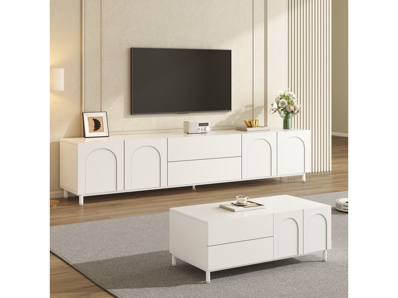  Ensemble meuble tv et table basse, avec 6 portes, 4 tiroirs et pieds en acier, pour salon, blanc  - Conforama D