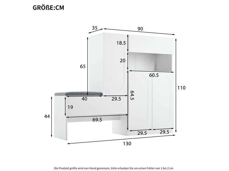  Meuble à chaussures avec banc 130x35x110 cm, portes à fermeture douce, panneau de particules, blanc  - Conforama C