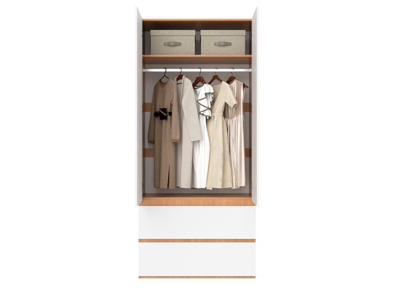  Armoire 2 portes modenvie avec penderie, 2 tiroirs et rangement haut 90 x 50 x 200 cm blanc décor chêne  - Conforama A