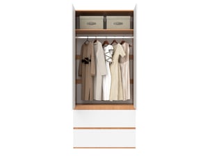 Armoire 2 portes modenvie avec penderie, 2 tiroirs et rangement haut 90 x 50 x 200 cm blanc décor chêne