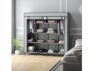 Armoire en tissu avec 2 barres 10 compartiments et 4 tiroirs, porte zippée pour chambre et entrée, gris foncé