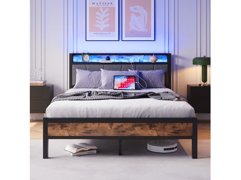  Lit double 140×200 cm avec tête de lit, rangement, led réglable, usb et prise - okmyhome- marron antique, sans matelas  - Conforama B