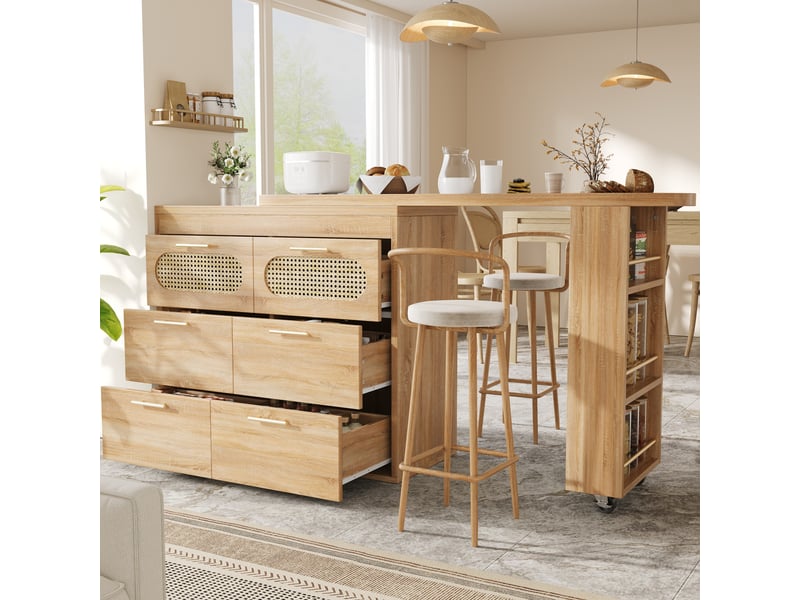  Table bar modenvie pivotante 128-203 cm avec 6 tiroirs, rangement latéral, mdf et métal, naturel  - Conforama B