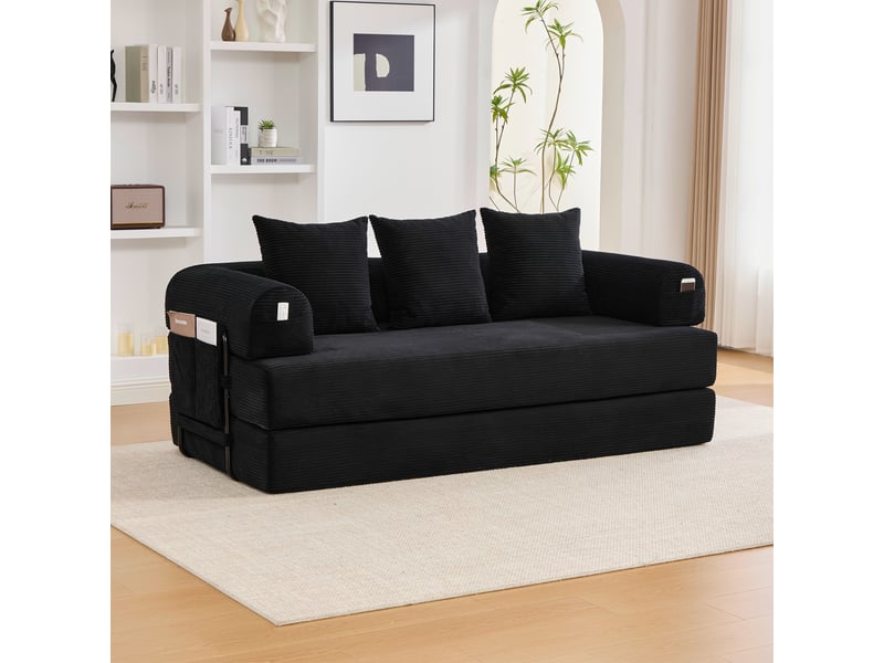  Canapé-lit convertible 3 places canapé au sol canapé modulable canapé compressé en velours côtelé avec structure en métal, noir  - Conforama C