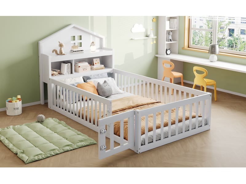 Lit enfant 90x200 cm en bois massif avec rangements, tableau noir et barrière de sécurité - Conforama W