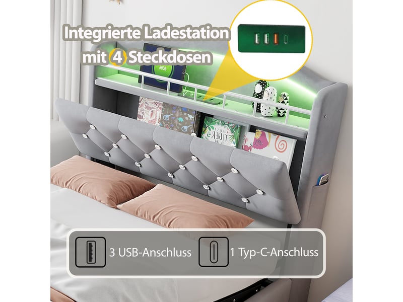 Lit enfant 90x200 cm en velours gris, multifonction avec rangement, led et usb - Conforama D