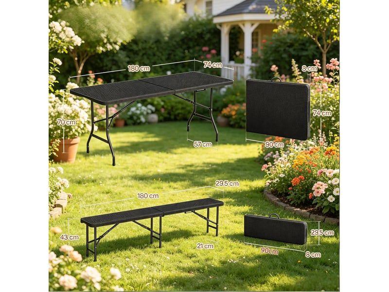  Ensemble de jardin pliable noir, table 180 x 70 x 74 cm et 2 bancs en hdpe  - Conforama C