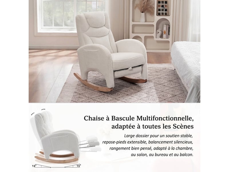  Chaise à bascule tissu teddy blanc, fauteuil relax avec accoudoirs et repose-pieds pliable, structure en bois, 66x125x101 cm, charge 110 kg  - Conforama R