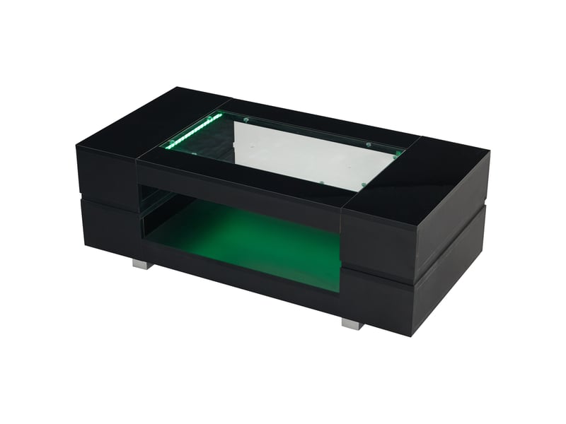  Table basse led noire avec contrôle via application bluetooth, plateau double laqué ajouré, idéale pour les fêtes, les bureaux et les salons.  - Conforama E