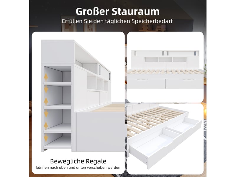  Lit jeune, 140x190 cm, espace nuit, 2 tiroirs pratiques, placard coulissant, étagères réglables, mdf, coloris blanc  - Conforama D